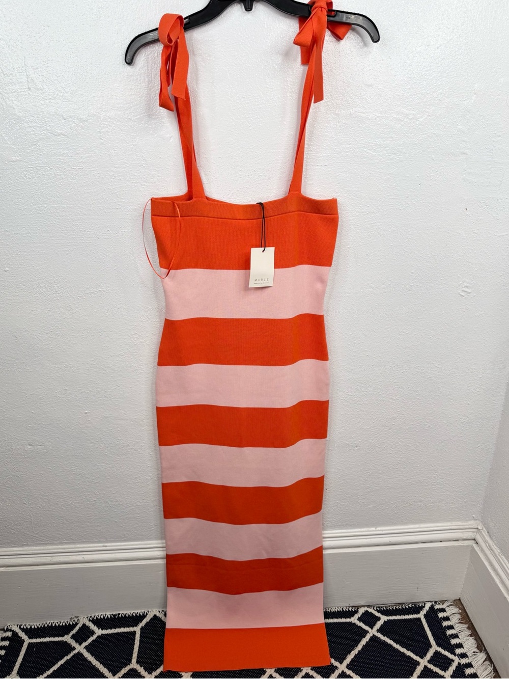 Mable Dress Womens Size L Thick Knit Orange Pink Wide Stripe Midi Bodycon